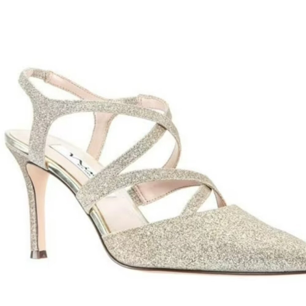 $79 Nina Cianna 7.5 Platino Gold Glitter Strap Metallic Sparkle Heels NIB